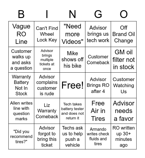 Buick GMC Bingo Card