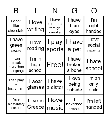 Facts about me Bingo Card