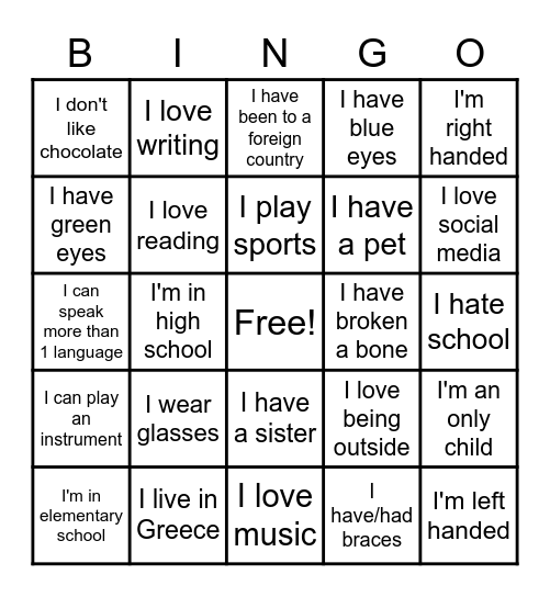 Facts about me Bingo Card