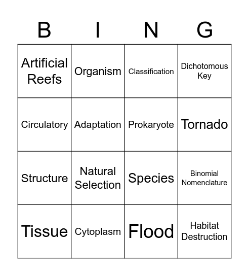 Organisms and Environments Bingo Card