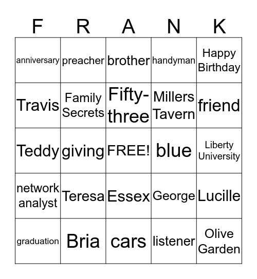 Frank Bingo Card