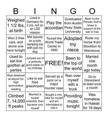 Betcha didn't know I..... Bingo Card