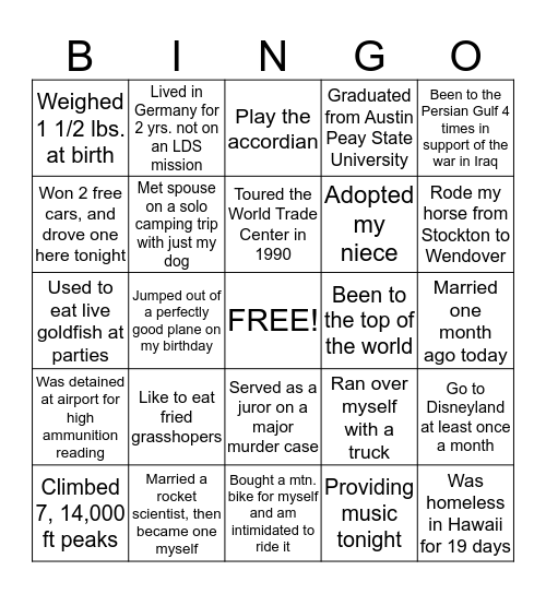 Betcha didn't know I..... Bingo Card