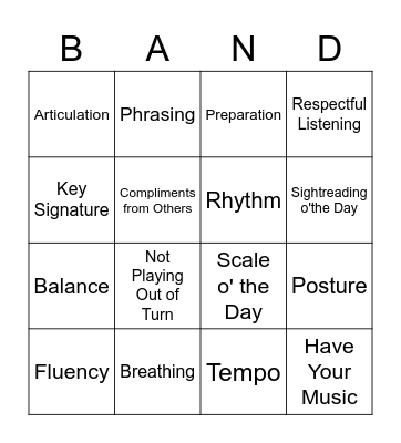 Yellow Jacket Beginning BANDO Bingo Card
