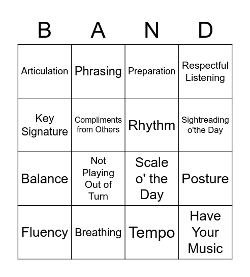 Yellow Jacket Beginning BANDO Bingo Card