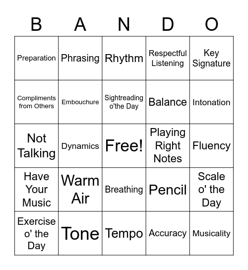 Yellow Jacket BANDO Bingo Card