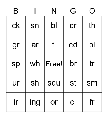 blends & digraphs & R controlled vowels Bingo Card