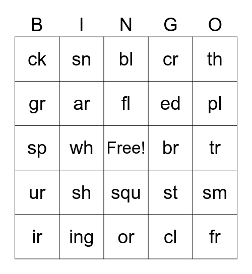 blends & digraphs & R controlled vowels Bingo Card