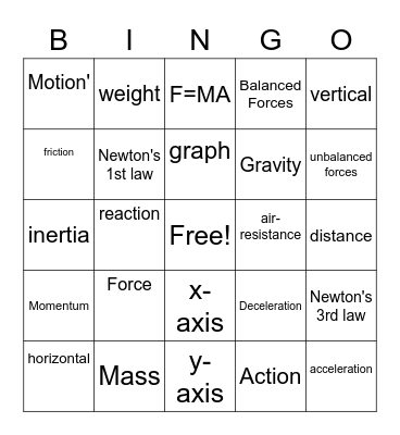 Force and Motion Vocabulary Bingo Card