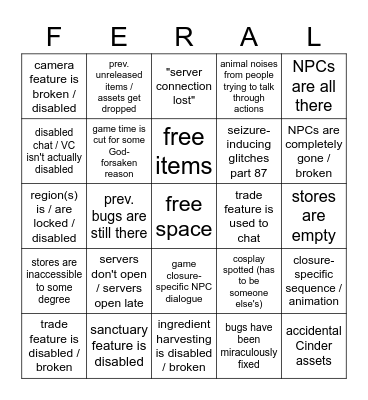 Fer.al Reopening Bingo [2022] Bingo Card