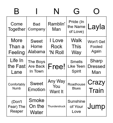 Classic Rock Bingo Card