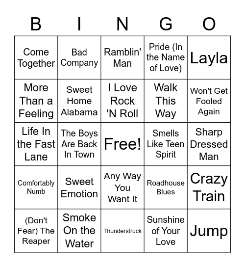 Classic Rock Bingo Card