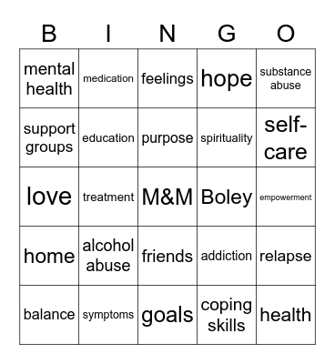 addiction Bingo Card