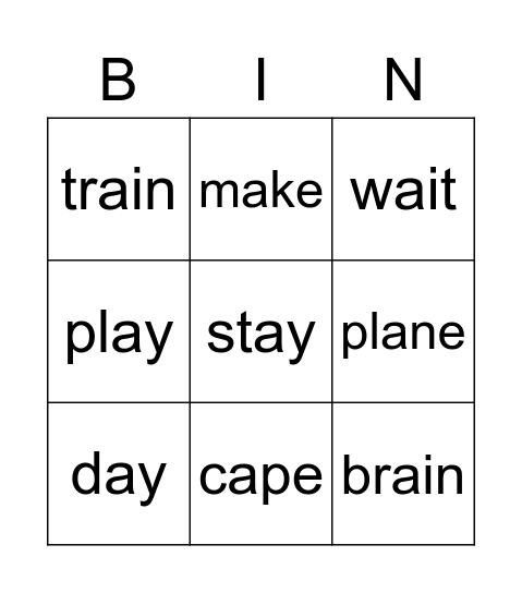 Long A Words Bingo Card