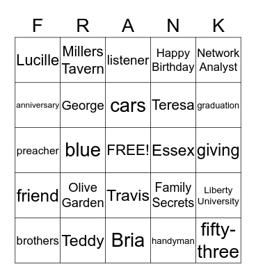 Frank Bingo Card