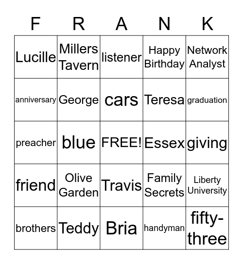 Frank Bingo Card