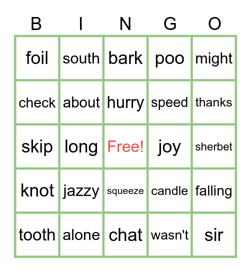 Phonics Chart Bingo Card