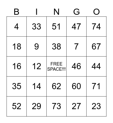 Numbers Bingo Card