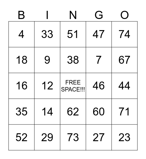 Numbers Bingo Card