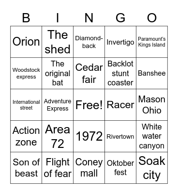 Kings Island Bingo Card