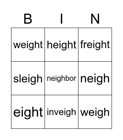 -EIGH Words Bingo Card