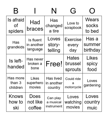 Getting To Know You Bingo Card