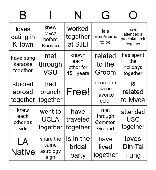 Myca's Bridal Bingo Card