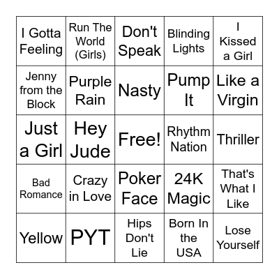 Super Bowl Half Time Artists Bingo Card