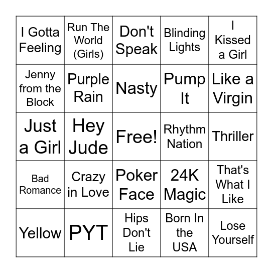 Super Bowl Half Time Artists Bingo Card