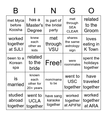 Myca's Bridal Bingo Card