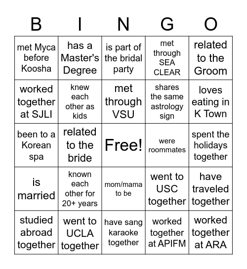 Myca's Bridal Bingo Card