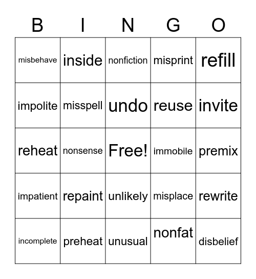 Words with Prefixes Bingo Card