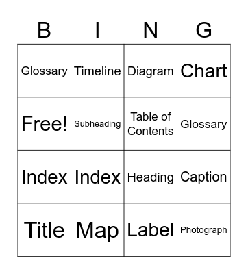 Text Features Bingo Card