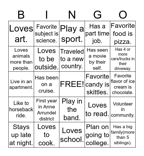 First Day Bingo Card