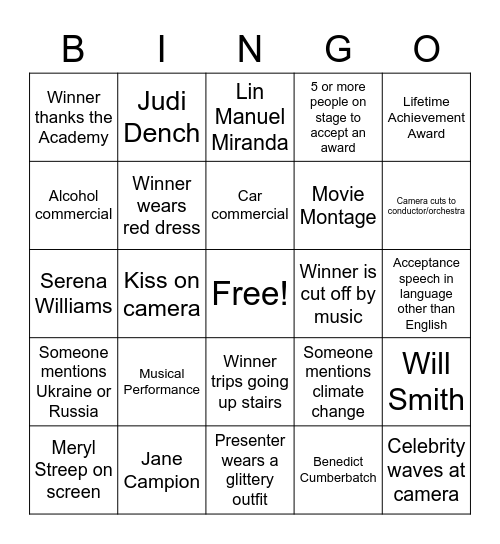 Academy Awards BINGO Card