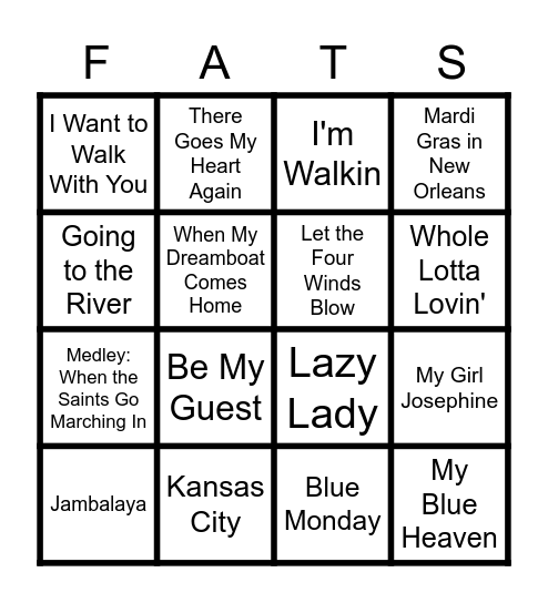 Fats Domino Song Bingo Card