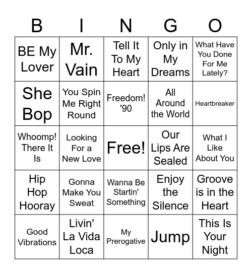 80s & 90s Dance Hits - A5 Bingo Card