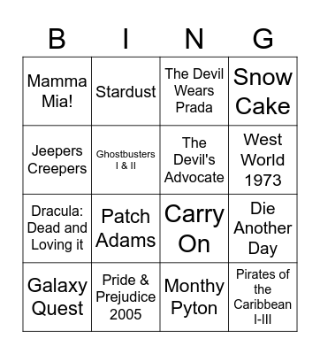 Guilty Pleasure Movies Bingo Card