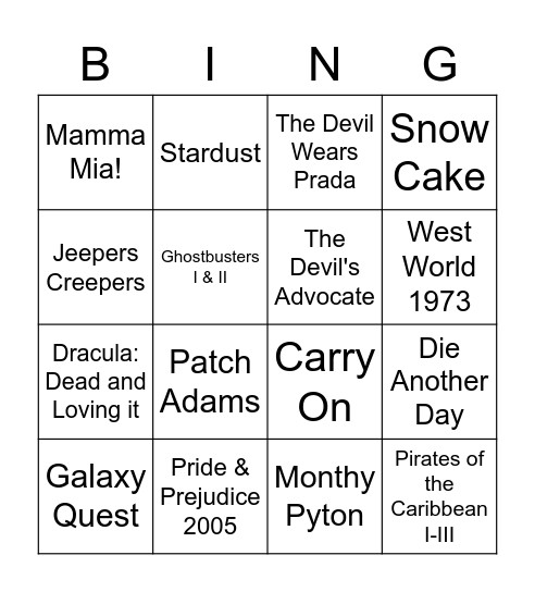 Guilty Pleasure Movies Bingo Card