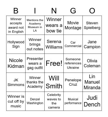 Oscars Bingo Card