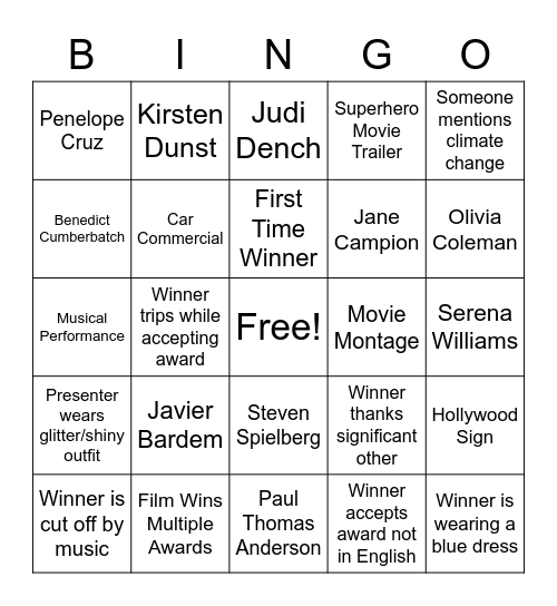 Oscars BINGO Card
