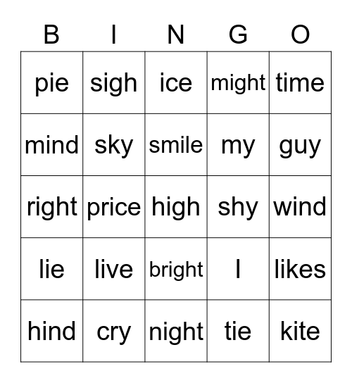 Long i Words Bingo Card