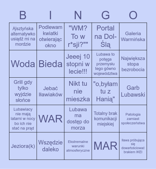 WAR-MAR Bingo Card