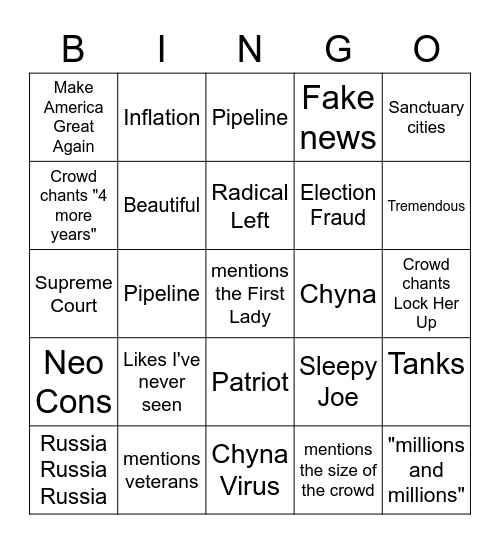 Trump Rally Bingo Card