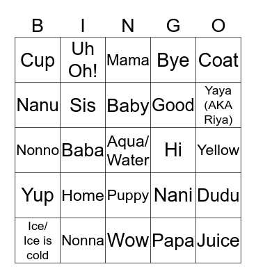 Gio's First Words Bingo Card