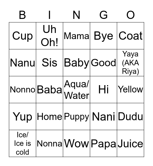 Gio's First Words Bingo Card