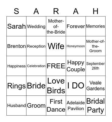 Sarah's Bridal Tea Binggo Bingo Card