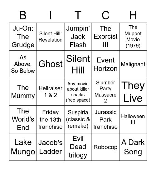 Toby's Bitchin' Movie Bingo Card