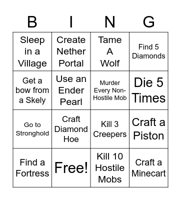 Minecraft 360 Edition Bingo Card