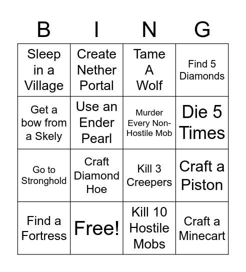 Minecraft 360 Edition Bingo Card